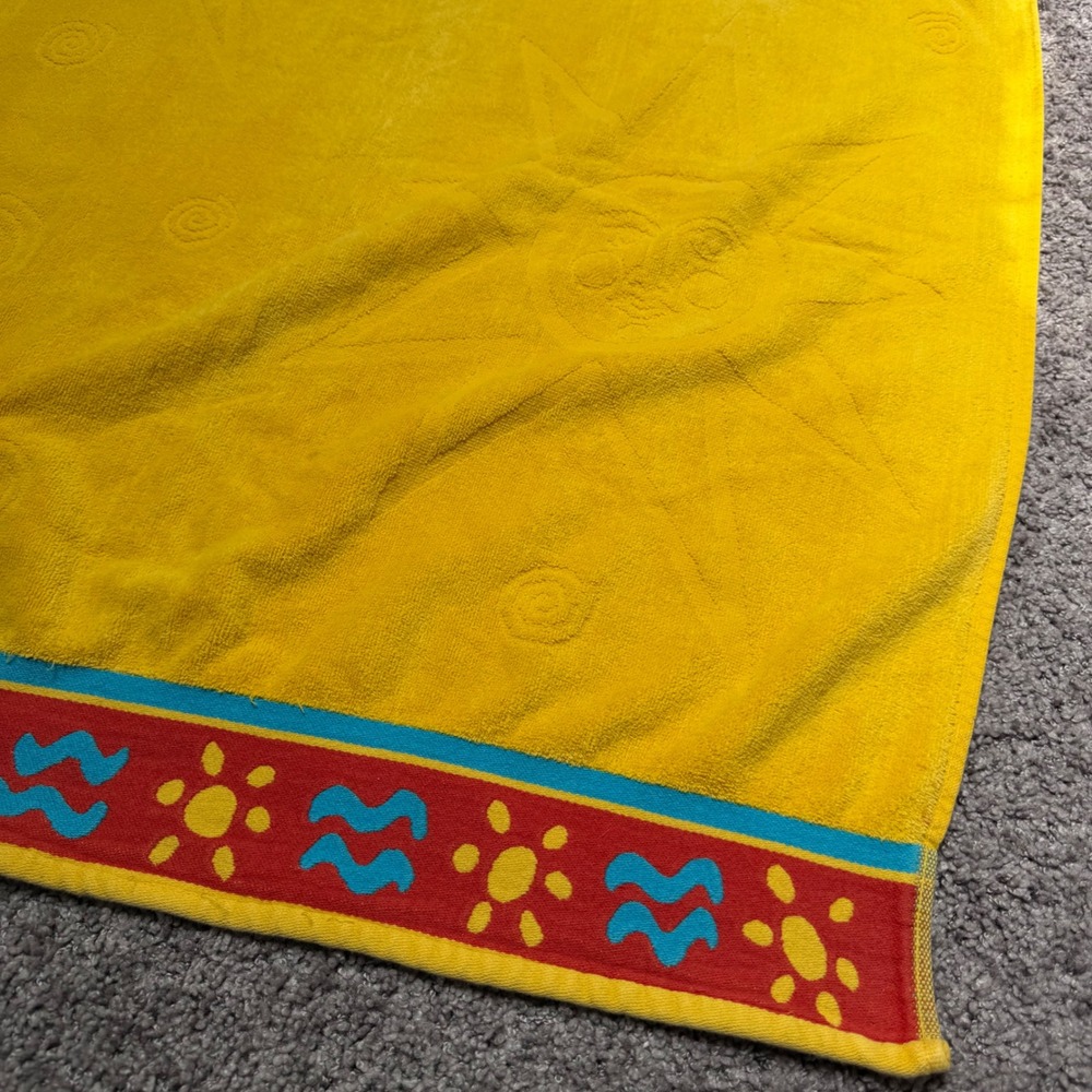 Vintage Seaside Beach Towel Celestial Sun Embossed Retro Yellow Cotton 55x31